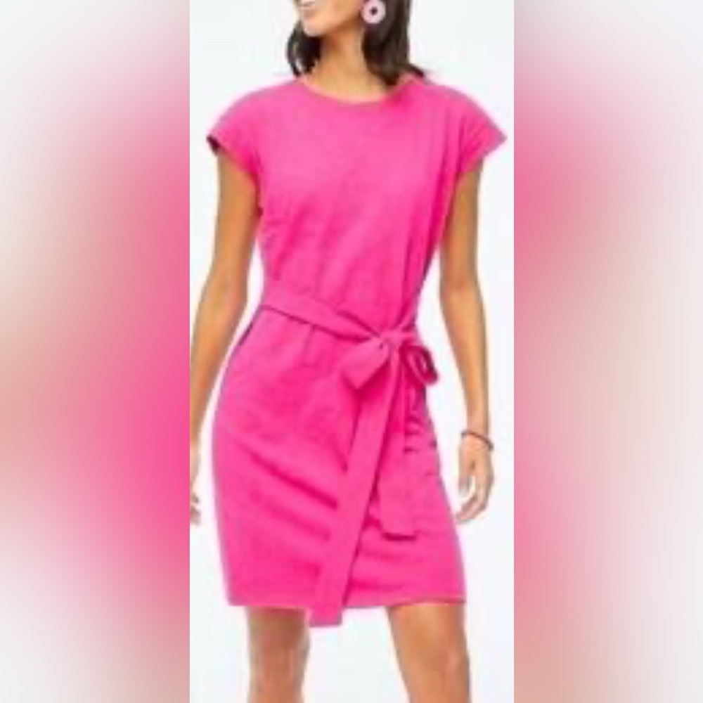 J. Crew Tie Waist Pink Coral Mini Midi Dress Short Sleeves M
